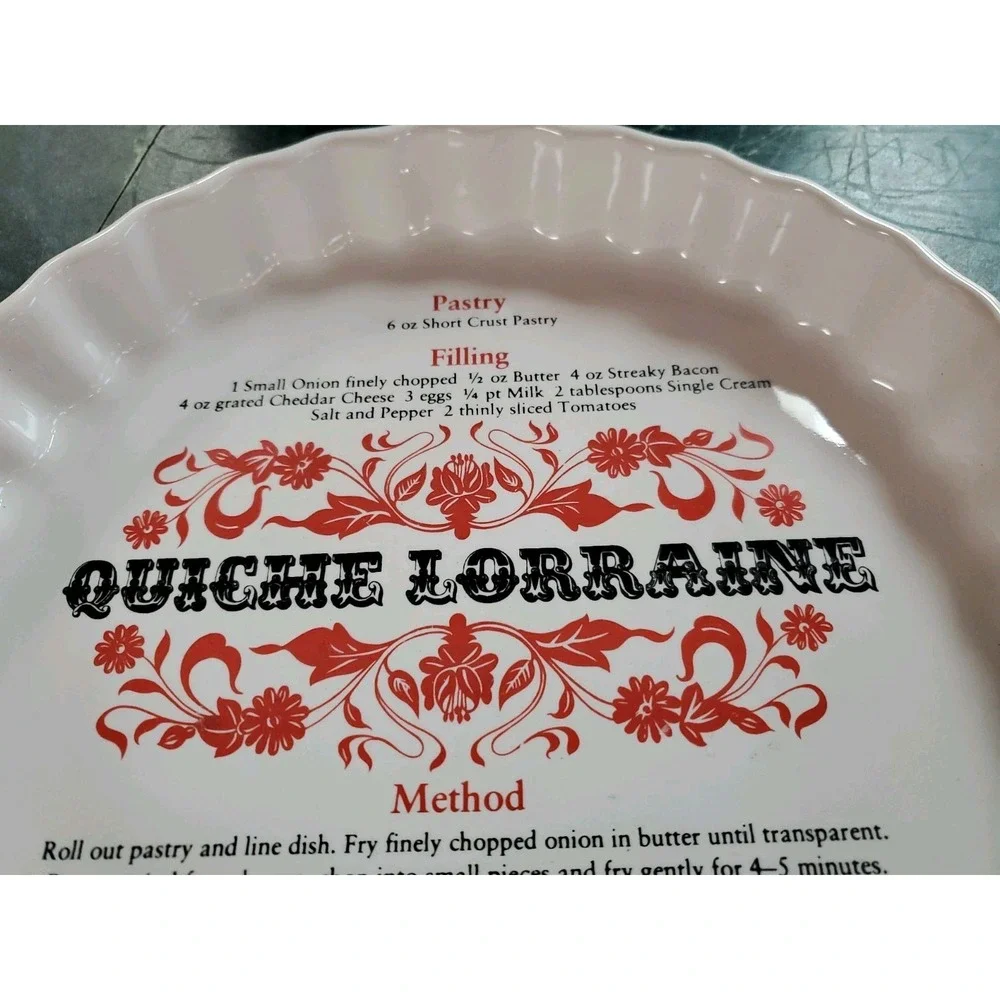 Quiche Lorraine Ceramic Baking Dish with Recipe White RARE VTG Made in England